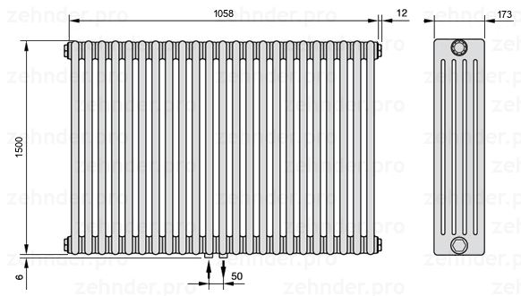 Схема (чертеж) Радиатор Zehnder Charleston 5150/23 №3470 Белый глянцевый RAL 9016